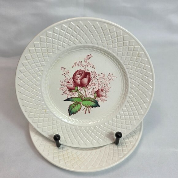 TWO Spode Lady Anne Bread Plate Roses Center Sculptured Diamond Pattern Rim - Picture 1 of 14